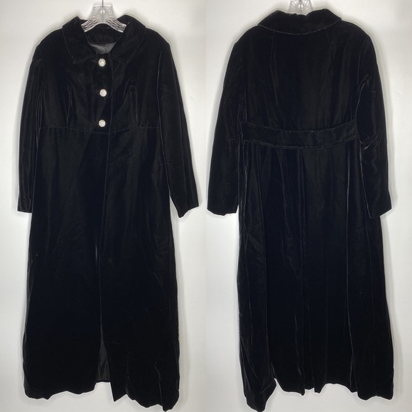 Vintage 60s Black Velvet Princess Rhinestone Opera Long Jacket Medium - Picture 1 of 6